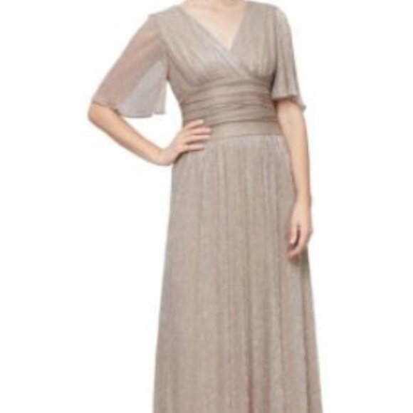 SLNY Long Gold/Tan Dress Flutter Sleeves, V-Neck - Picture 1 of 7